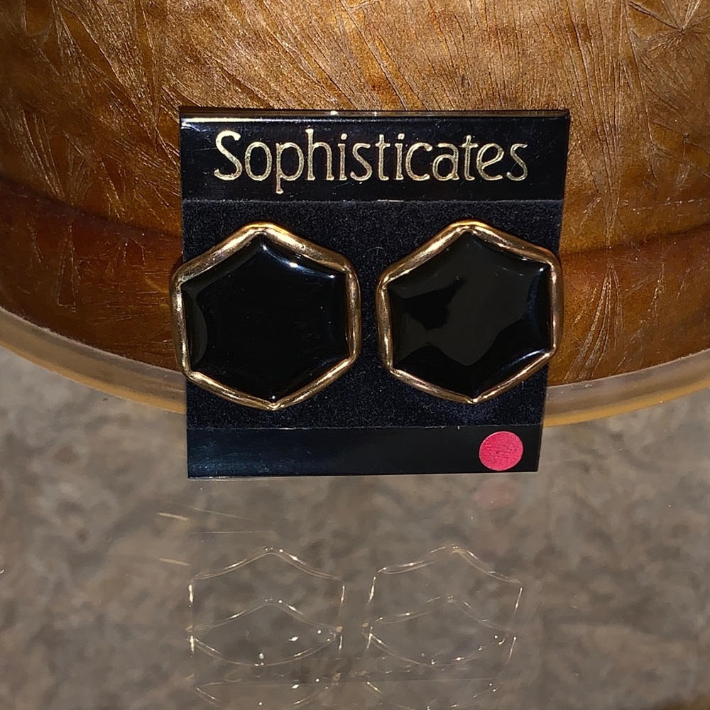 Sophisticates Black and Gold Hexagon Clip on Earrings